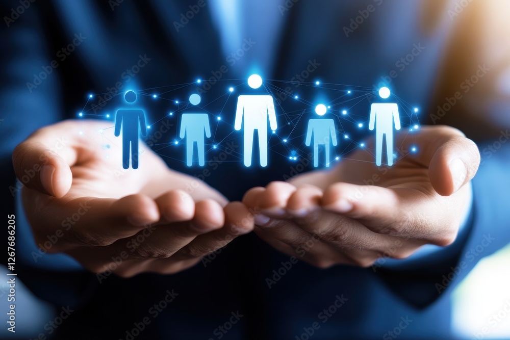 Poster hands holding digital representation of human network connection signifying business collaboration a
