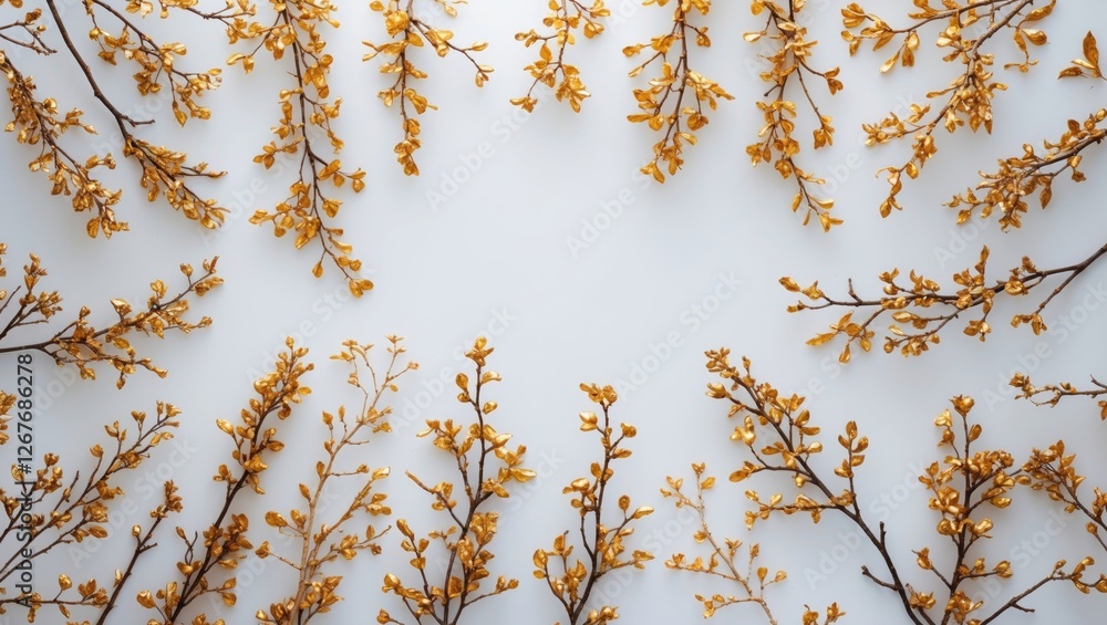 Poster elegant golden branches arrangement on white background with space for text or graphic design elemen