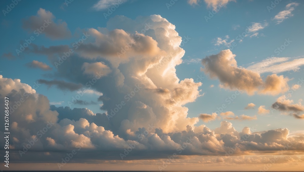 Poster morning sky with fluffy clouds illuminated by soft sunlight displaying serene and tranquil atmospher