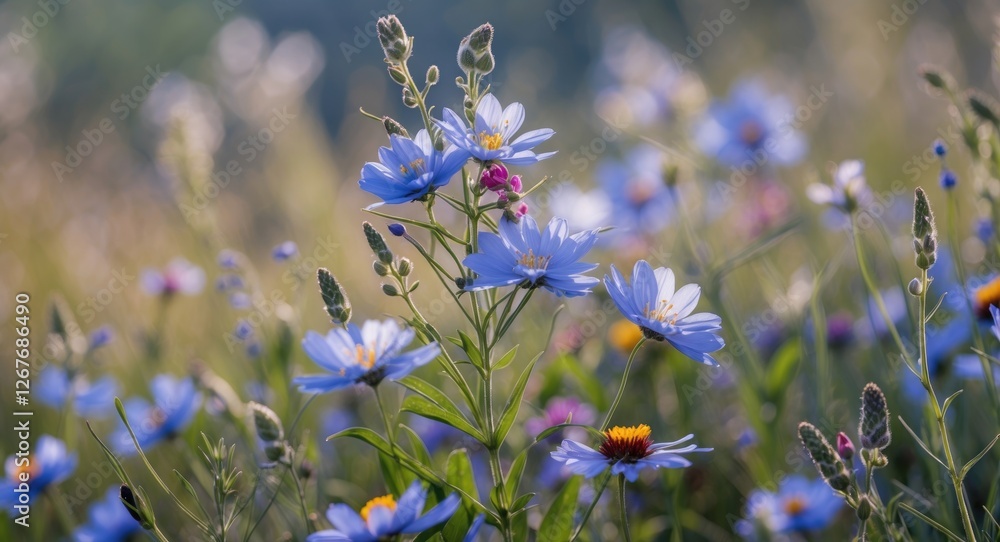 Poster close-up macro of vibrant wildflowers in nature with soft focus background and space for text additi
