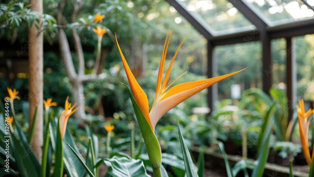 Poster stunning strelitzia flower in botanical garden with lush green background and space for text or desi