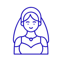 Fototapeta premium Bride icon smiling in a wedding dress, blue outline, modern design