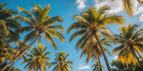 Tropical Palm Trees Against a Clear Blue Sky on a Sunny Day Ideal for Vacation Themed Designs with Copy Space for Text
