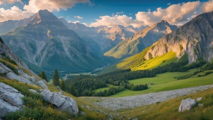 Majestic Mountain Landscape with Lush Green Valleys and Dramatic Cloudscape in the Background