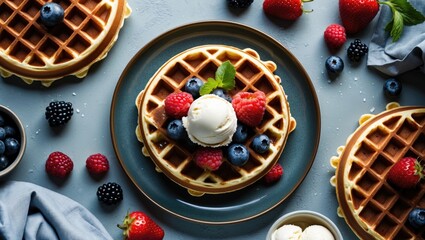 Fototapeta premium Delicious Belgian waffles topped with fresh berries and ice cream on a stylish plate with a clean background for text overlay.