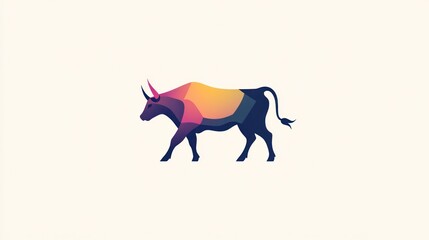 Fototapeta premium Geometric Bull Strides on Plain Backdrop Vivid, Modern Animal Icon for Financial or Agricultural Design