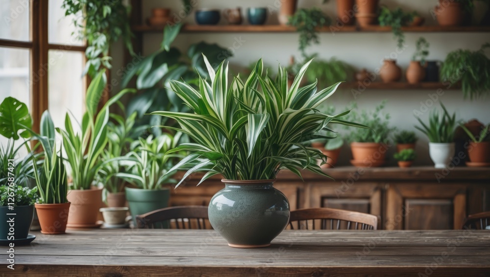 Poster Lush indoor plants in a stylish vase on a rustic wooden table surrounded by greenery creating a serene and inviting atmosphere.