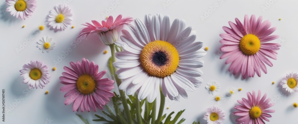 Poster vibrant daisies in pink and white on a light background with space for text and design elements