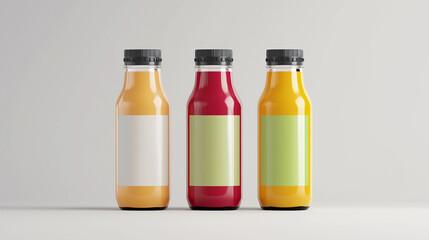 A realistic different juice bottles mock-up with a horizontal label, perfect for branding, packaging, and presentation design isolated on white background