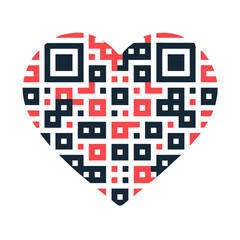 Heart-shaped QR code icon with a bold pattern in red, black, and white colors on a white background
