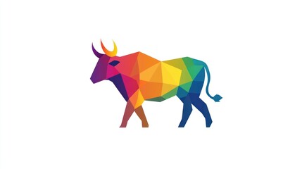 Colorful polygon bull walking on white background. Logo, icon, animal, livestock, ranch