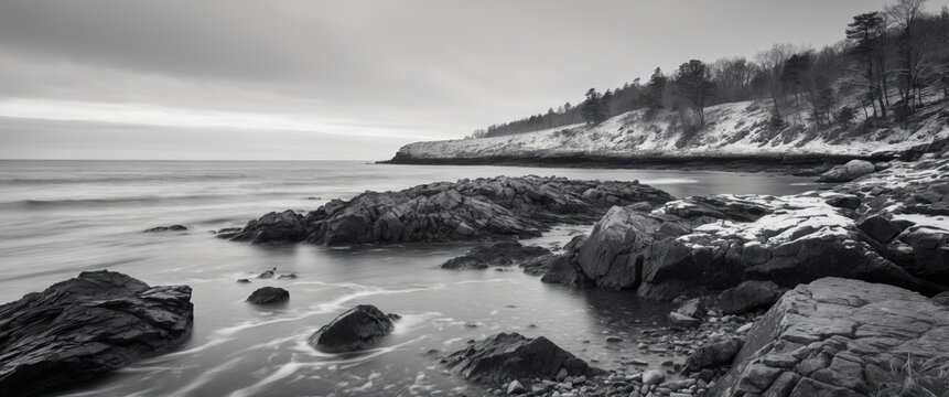 Winter Rocky Shore Seascape in Black and White with Calm Waters and Snow-Covered Terrain against a Misty Sky