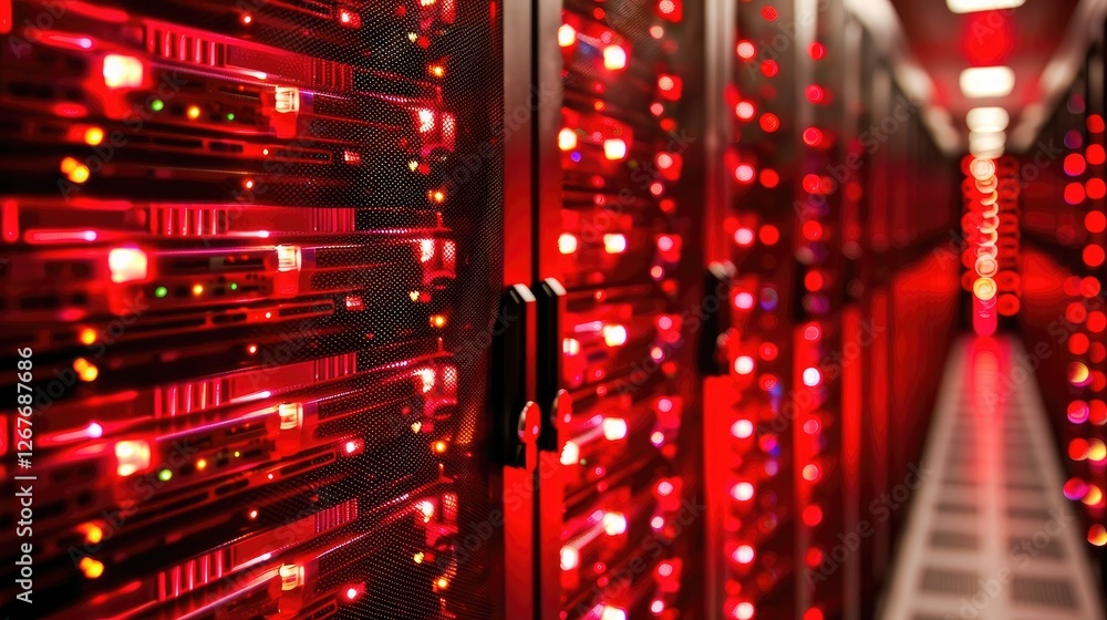 Poster a dark server room illuminated by red lights, showcasing rows of servers lined up in a narrow aisle.