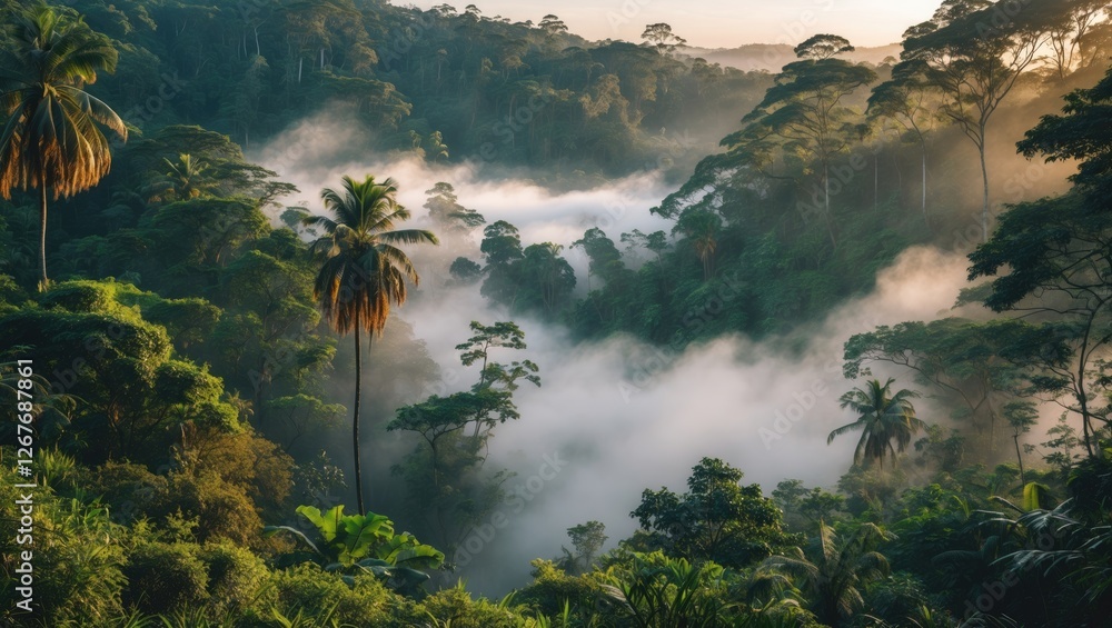 Poster mist enveloped rainforest landscape at dawn with lush trees and empty space for text, ideal for natu
