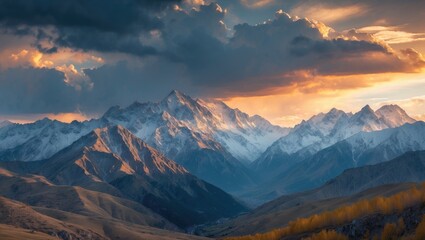 Obraz premium Majestic Caucasus Mountains Under a Dramatic Sky with Vibrant Colors Showcasing Nature's Beauty and Scenic Landscapes in Twilight.