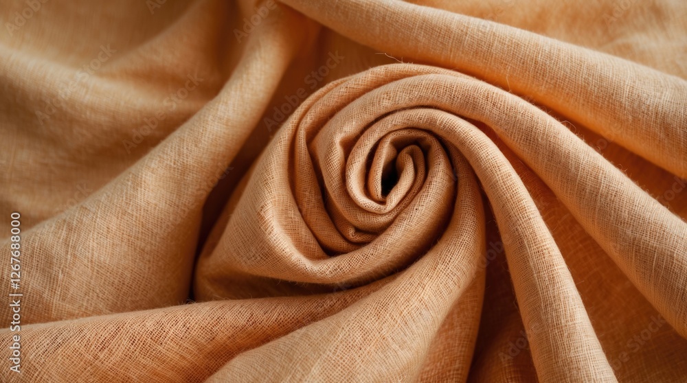 Poster light orange linen fabric elegantly folded in a spiral showcasing texture and softness ideal for fas