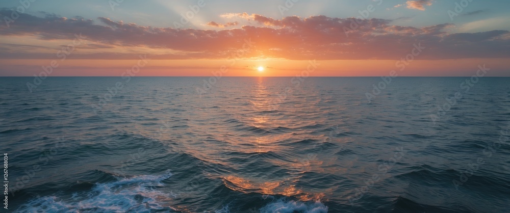 Poster serene sunset over calm ocean waves with colorful sky and empty space for text in tranquil natural l