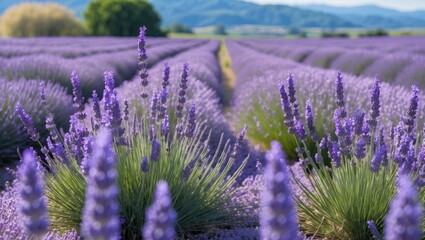 Obraz premium Lush Lavender Fields Under Clear Blue Skies Offering Serenity and Natural Beauty in a Picturesque Rural Landscape