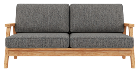 Elegant Two Seater Sofa with Patterned Cushions and Wooden Frame on Transparent