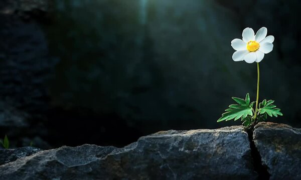Flower growing in stone crack light and shadow peace hope life resilience concept