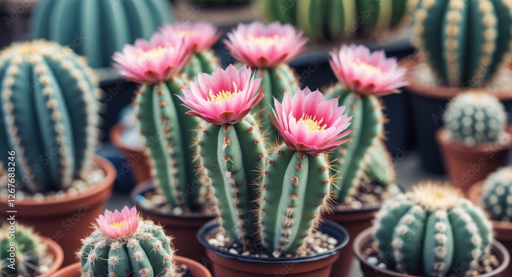 Poster vibrant cacti with pink blooms in pots against a soft focus background featuring empty space for cus