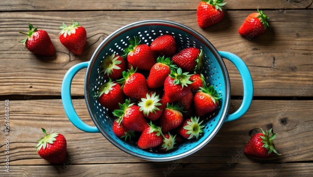 Poster freshly harvested strawberries displayed in a blue colander on a rustic wooden table, creating a vib