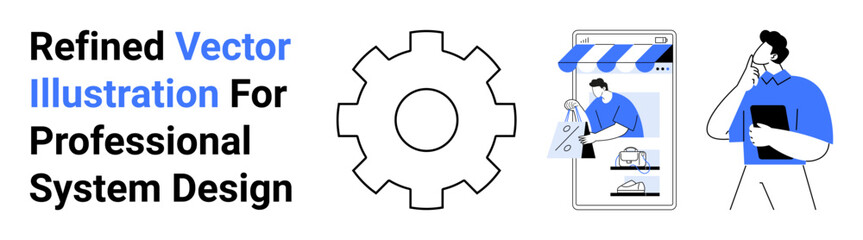 Gear icon, developer working on online store, designer with clipboard in thoughtful pose. Ideal for tech solutions, system design, development, teamwork, e-commerce, UX flat landing page banner