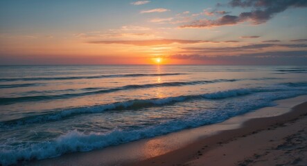 Obraz premium Serene Beach Sunset with Gentle Waves Reflecting Vibrant Colors along the Horizon at Dusk