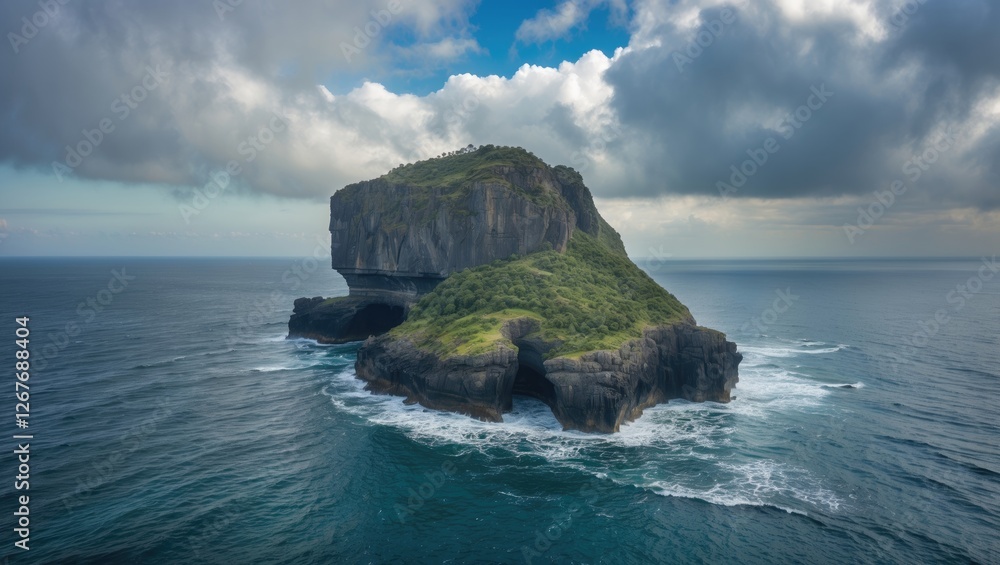 Poster aerial view of black rock island surrounded by ocean waves and dramatic cloudy sky with space for te