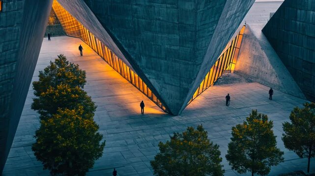Dramatic City Walkers Amidst Modern Architecture in Cinematic Atmosphere