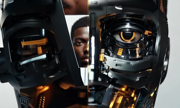 Black man, with half of his face human and the other half cybernetic