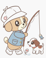 Fototapeta premium Cute Teddy Bear Fishing – Adorable Cartoon Fisherman with Puppy.