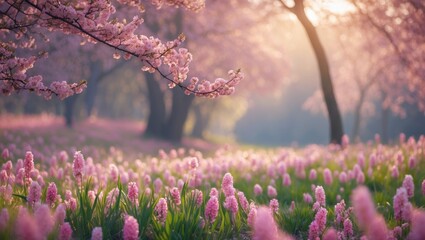 Lush vibrant spring landscape with blooming cherry blossom trees and colorful wildflowers in a serene natural setting.