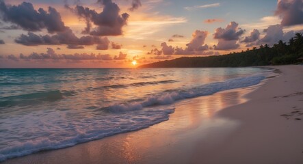Obraz premium Tranquil Tropical Beach Sunset with Soft Waves and Lush Greenery in the Background Ideal for Relaxation and Vacation Themes