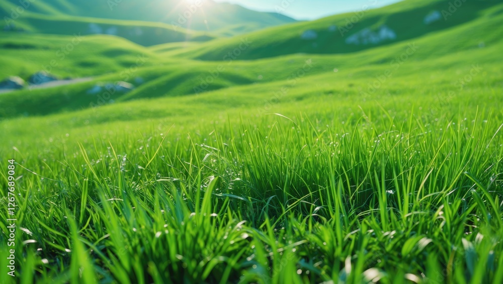 Poster lush green grass on a tranquil meadow under bright sunlight with ample space for text and design ele