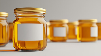 A high-quality honey jars mockup featuring a blank 
 white label, perfect for branding, packaging design, marketing, and showcasing organic, natural honey products isolated on  gray  background
