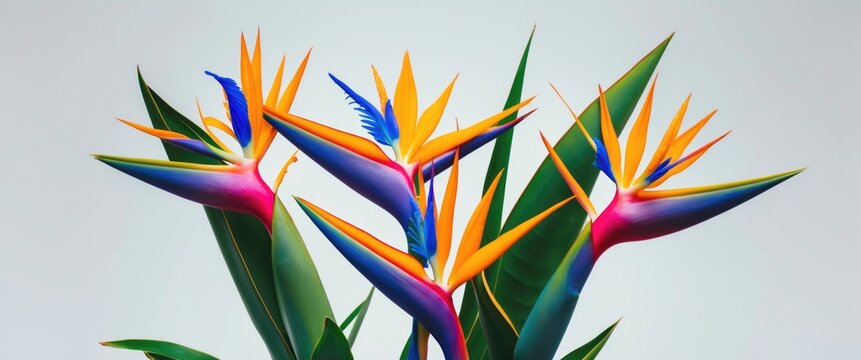 Vibrant Bird of Paradise Flowers on White Background with Space for Text Ideal for Tropical Themed Designs and Creative Projects