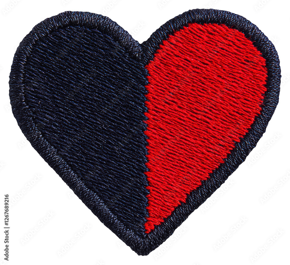 Poster embroidered heart patch with symmetrical red and black color design on transparent background