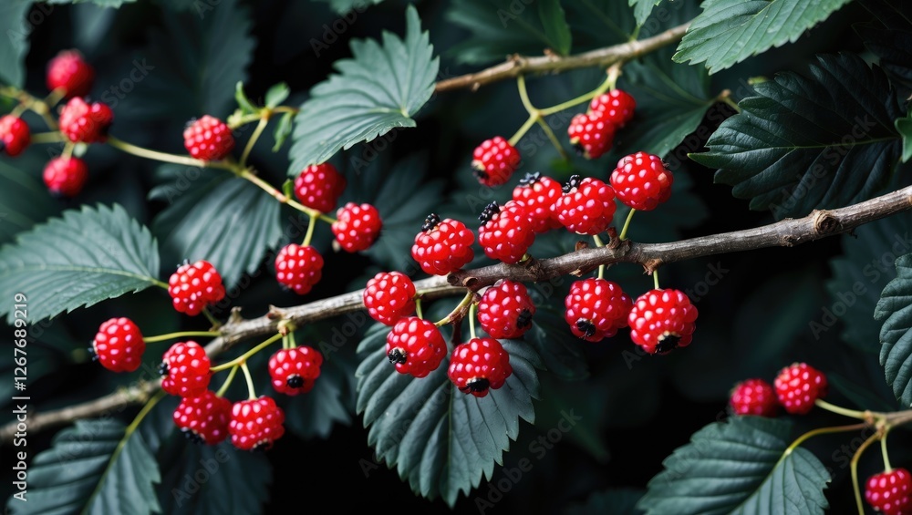 Poster red unripe mulberries on twig surrounded by dark green leaves with space for text design in nature b