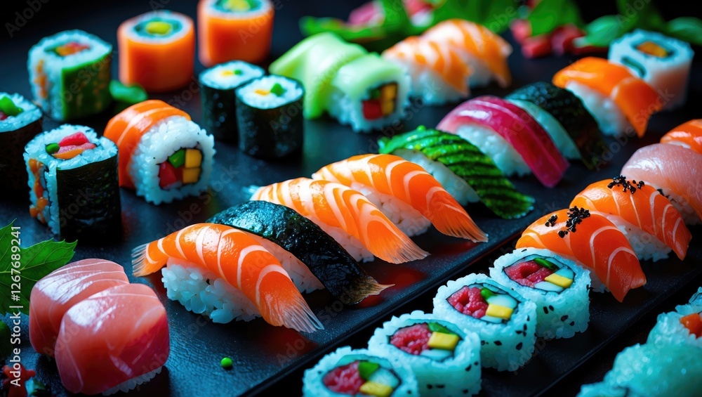 Poster assorted fresh sushi rolls artfully displayed on a dark table ready to enjoy with colorful ingredien