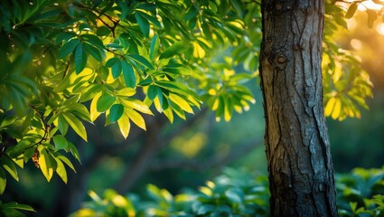 Obraz premium Lush green foliage illuminated by soft sunlight with a textured tree trunk in the background creating a serene natural atmosphere.