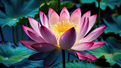 Vibrant Lotus Flower in Bloom Surrounded by Lush Green Leaves in Serene Water Environment