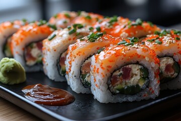 Sushi assortment served on a black plate with soy sauce and wasabi
