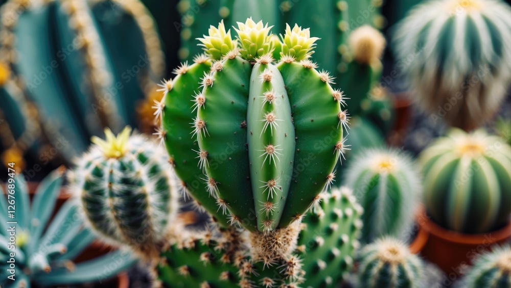 Poster vibrant green cactus cluster with intricate spines and unique shapes in a beautiful natural setting 