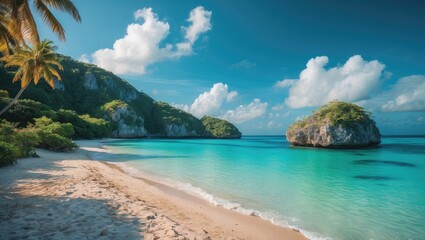 Fototapeta premium Scenic Tropical Beach with Turquoise Waters and Lush Green Hills under a Bright Sky Perfect for Relaxation and Imagery Use