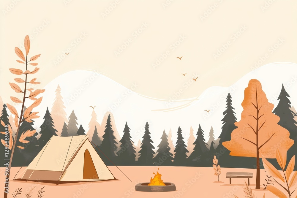 Aufkleber cozy campsite with tent and campfire in a serene forest during autumn twilight. generative ai