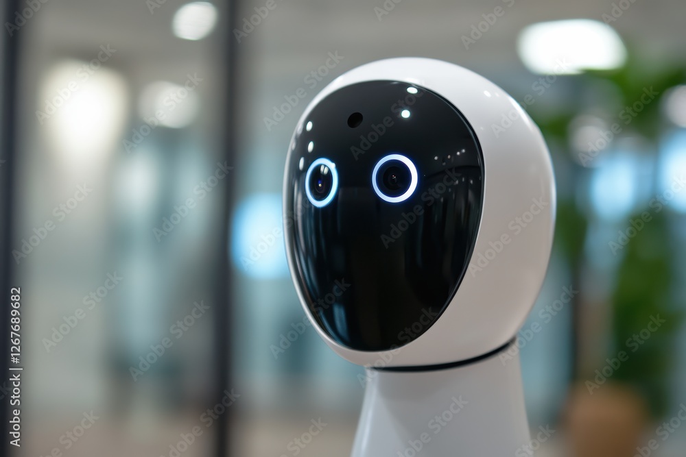 Poster innovative robot with facial recognition technology enhancing user interaction in modern workspace