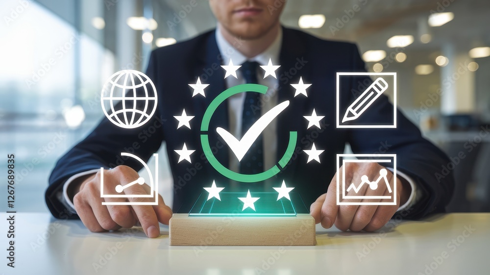 Poster man displays verification icons using holographic technology business concept