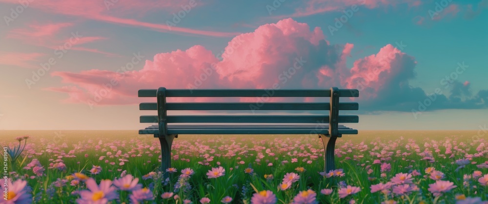 Poster serene bench overlooking a vibrant flower field and colorful clouds with ample copy space for inspir