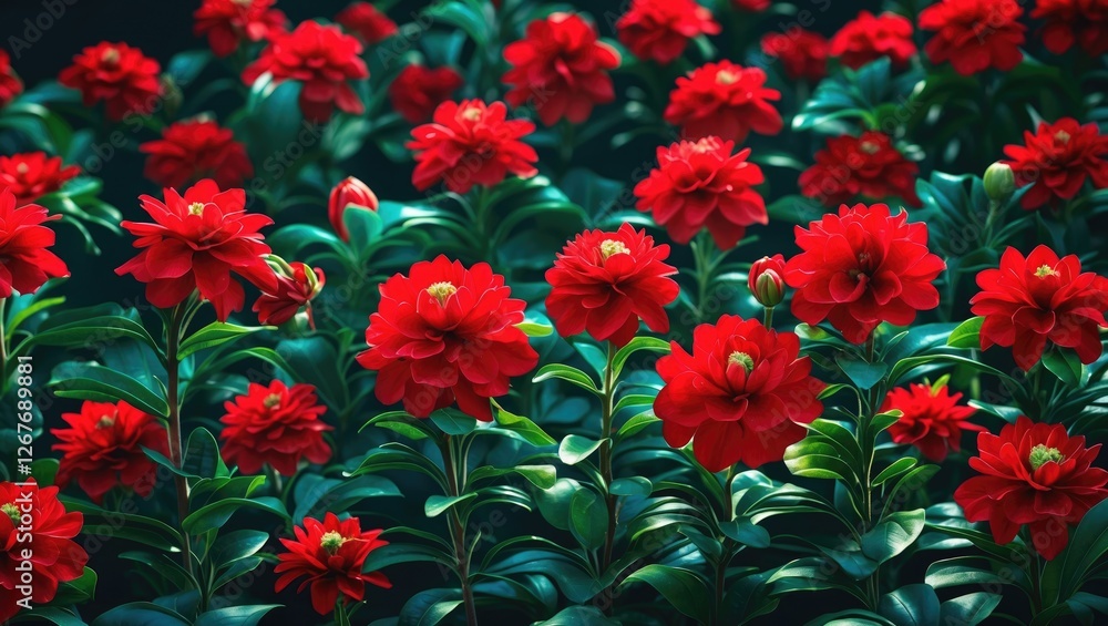 Poster vibrant red flowers surrounded by lush green leaves creating a serene scene with space for custom te